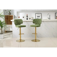 Velvet Bar Stools Set of 2, Height Adjustable Swivel Barstools Armless Kitchen Counter Bar Chairs with Tufted Button Back and Footrest Gold Metal Base, Island Chair for Home Bar Restaurant, Avocado