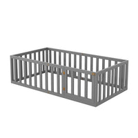 Twin Size Floor Bed for Kids, Solid Wood Platform Bed Frame with Fence-Shaped Guardrails and Door Montessori Bed Frame for Bedroom Playroom No Box Spring Needed, Gray