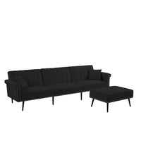 Convertible Velvet Futon Sofa Bed, L-Shaped Sectional Sofa Couch with Adjustable Backrest, Removable Ottoman & 2 Toss Pillows, Mid-Century Modern Modular Sofa, Living Room Furniture Set, Black
