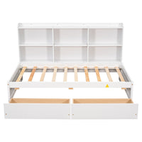 Twin Size Bed Frame with Side Bookcase and 2 Storage Drawers, Platform Bed with Slats Support, Wood Bed Frame for Kids Teens Adults, No Box Spring Needed, White