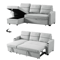 Convertible Sofa Bed with Pull-out Seat, 82Inch L-shaped Sectional Sofa Couch with Storage Chaise and Cup Holders on Armrests, Modern Corner Sofa Bed with Backrest for Living Room, Light Gray