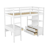 Twin Size Loft Bed with Built-in Desk, Twin Loft Bed Frame with Storage Shelves and Drawers,Solid Wood Bed Frame with Ladder and Guardrail for Kids Teens Adults, White