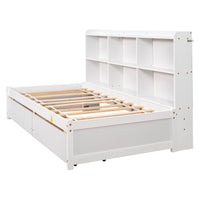 Twin Size Bed Frame with Side Bookcase and 2 Storage Drawers, Platform Bed with Slats Support, Wood Bed Frame for Kids Teens Adults, No Box Spring Needed, White