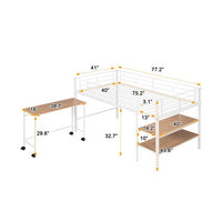 Twin Size Loft Bed with Rolling Desk and Storage Shelves,Heavy-Duty Metal Loft Bed Frame with Safety Guardrail for Kids Teens Bedroom,Space-Saving Low Loft Bed with Sturdy Metal Slats Support,White