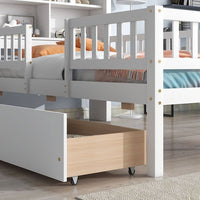 Twin Bed Frame with Fence Railings and House-Shaped Storage Headboard, Wood House Shape Twin Size Platform with 2 Drawers for Kids Boys Girls, Safety Guardrails Design, White