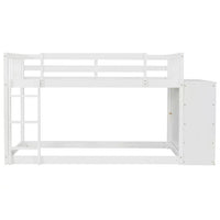 Twin Over Twin Bunk Bed with Storage Cabinet, Wooden Floor Bunk Bed with 4 Drawers and 3 Shelves, Low Bunk Beds for Kids Teens Adults, White