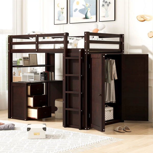 Twin Size Loft Bed with Wardrobe and Staircase, Wood Loft Bed