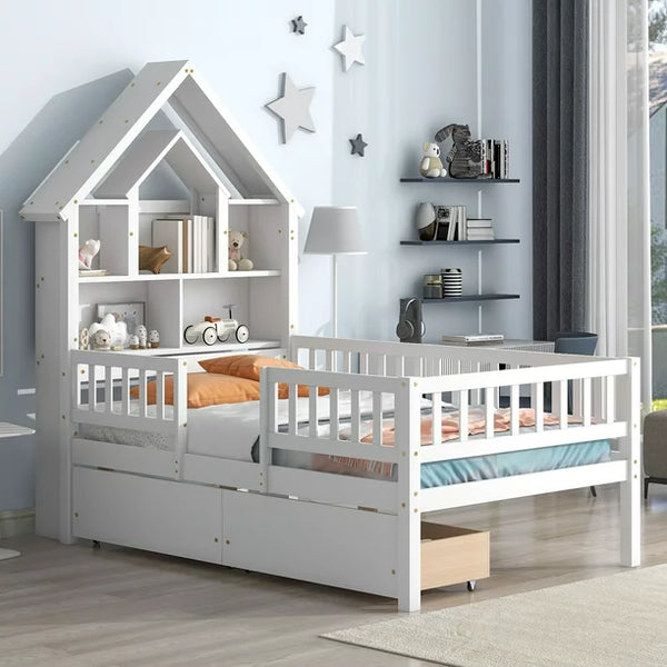 Twin Bed Frame with Fence Railings and House-Shaped Storage Headboard, Wood House Shape Twin Size Platform with 2 Drawers for Kids Boys Girls, Safety Guardrails Design, White