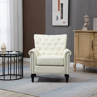 Upholstered Accent Armchair Single Sofa with Nailhead Trim, Modern Linen Armchair with Tufted Back and Wood Legs, Comfy Lounge Chair Reading Chair Makeup Chair for Living Room Bedroom Office, Beige