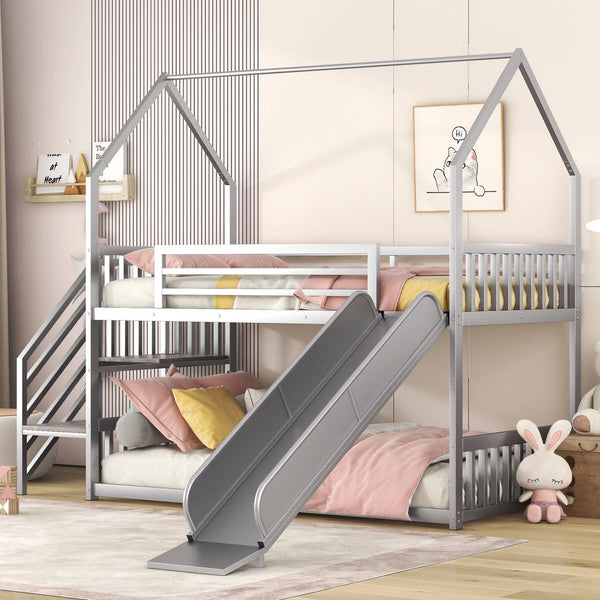 Twin Size Bunk Bed, Metal Twin Over Twin Bunk Bed with Slide and Staircase,Low Bunk House Bed, Heavy-Duty Metal Playhouse Bed Frame for Kids Boys Girls,Silver