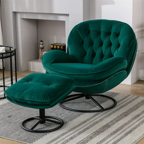 Velvet Swivel Accent Chair with Ottoman Set, Upholstered Lounge Chair with Footrest, Comfy Armchair for Living Room, Bedroom, Reading Room, Home Office, Metal Base Frame, Green