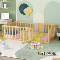 Twin Size Floor Bed for Kids, Wood Twin Montessori Bed Frame with Fence Guardrails and & Support Slats, Twin Playhouse Bed with Door Design, Kids Fence Bed Playpen Bed for Boys ,Girls, Natural