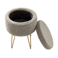 15" Wide Round Storage Ottoman Footstools with Anti-Slip Pad, Round Vanity Stool Chair with Metal Legs, Sherpa Polyester Fabric Small Side Table Coffee Table for Living Room, Hallway and Bedroom, Gray