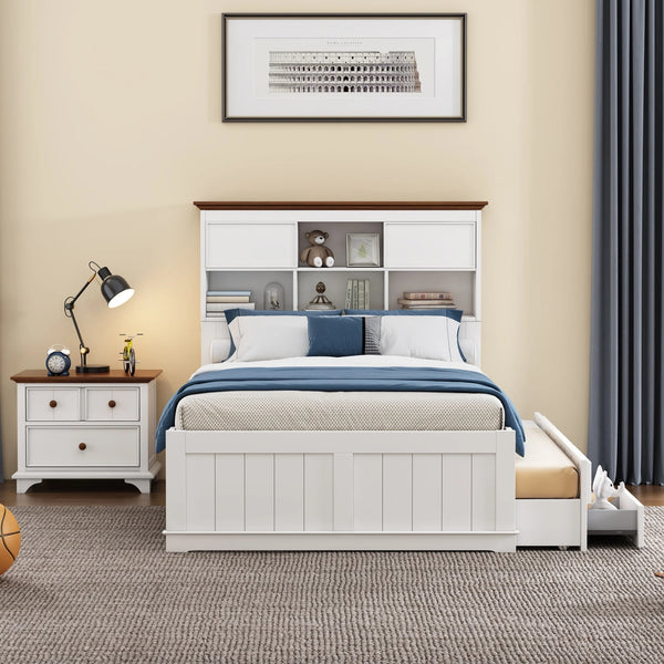 2 Pieces Wooden Captains Bedroom Set for Kids Teens, Full Bed with Trundle and Nightstand,White+Walnut