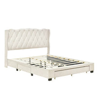 Velvet Queen Size Platform Bed with 3 Drawers,Upholstered Bed with Wide Headboard,Platform Bed Frame,No Box Spring Needed, Beige