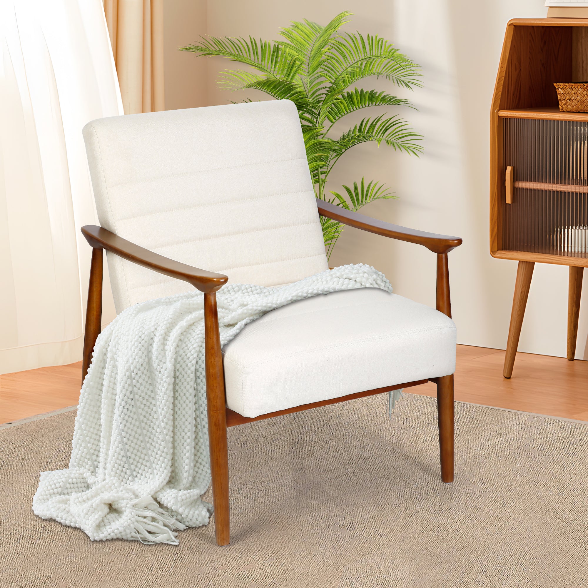 White Accent Chair, Living Room Accent Chair with Oversize Seat Cushion and Solid Wood Leg, Soft Padded Arm Chair for Bedroom, Reading Room, Living Room