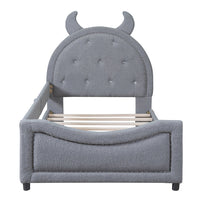 Twin Size Upholstered Daybed, Cute Teddy Fleece Sofa Bed with OX Horn Shaped Headboard, Wooden Platform Bed Frame for Teens Adults, No Box Spring Needed, Gray