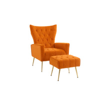 Velvet Accent Chair with Ottoman, Upholstered Wingback Armchair Set with Adjustable Armrests and Backrest, Leisure Lounge Chair Side Chair, Comfy Single Sofa Arm Club Reading Chair, (Orange)