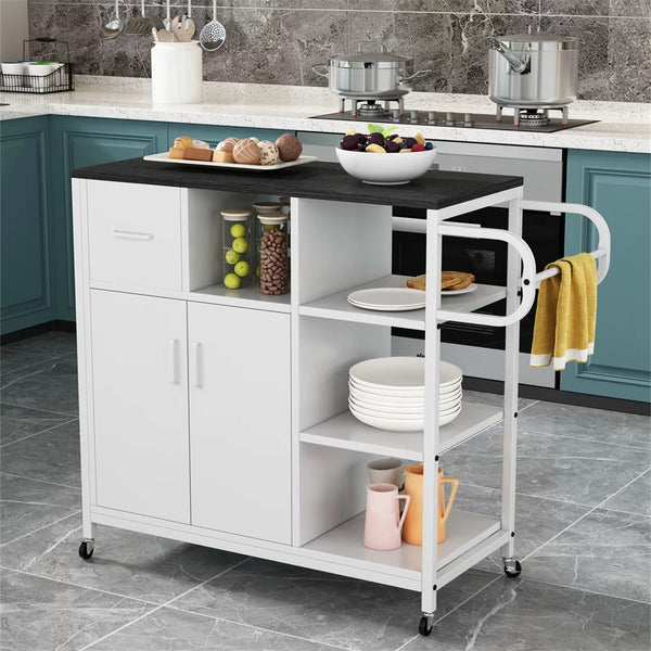 35.43" Rolling Kitchen Island Cart, Kitchen Cart on Wheels with Drawers,Storage Cabinet and Shelves, Rolling Serving Utility Trolley Cart with Towel Rack for Dining Room and Bar, Matt Black + White