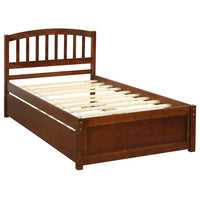 Twin Size Platform Bed Wood Bed Frame with Trundle, Mattress Foundation, Wood Slat Support, No Box Spring Needed, Easy Assembly, Walnut