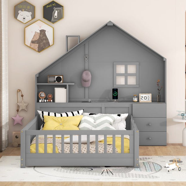 Full Floor Bed for Kids, Wood Montessori Floor Bed with Rails and Bedside Drawers,Floor Bed Frame with Shelves and a Set of Sockets and USB Port,Gray