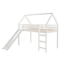 Twin Size Loft Bed with Slide,Wood Twin House Bed with Pitched Roof and Guardrails,Loft Bed Frame with Ladder and Large Underbed Storage for Boys Girls,White