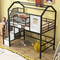 Twin Size Loft Bed with Roof Design and a Storage Box, House-Shaped Metal Loft Bed Frame with Staircase and Full-Length Guardrail, Twin House Loft Bed for Kids Girls and Boys, Easy Assemble, Black