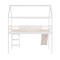 Twin Size Loft Bed with Slide, House Bed with Safety Guard Rails & Ladder, Wooden Loft Bed Playhouse Bed with Roof for Girls Boys, No Box Spring Needed, White