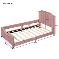 Twin Platform Bed Frame, Fleece Fabric Upholstered Daybed with Classic Stripe Shaped Headboard and Nail Head Trims, Aesthetic Sofa Bed Frame for Girls Boys, Pink