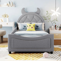 Twin Size Upholstered Daybed, Cute Teddy Fleece Sofa Bed with OX Horn Shaped Headboard, Wooden Platform Bed Frame for Teens Adults, No Box Spring Needed, Gray