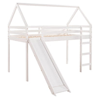 Twin Size Loft Bed with Slide,Wood Twin House Bed with Pitched Roof and Guardrails,Loft Bed Frame with Ladder and Large Underbed Storage for Boys Girls,White