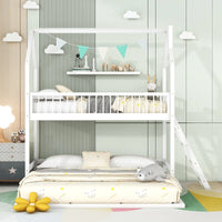 Twin Size Bunk Bed Frame for 3 Children, Extending Wooden Triple Bunk Beds, House Bed with 11.4inch Guardrail and Inclined Ladder for Boys Girls Teens, White