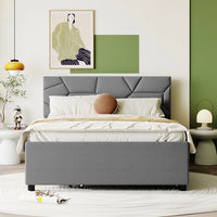Full Upholstered Bed Frame with Trundle, Wood Platform Bed with Headboard for Bedroom Living Room, Space Saving Design, Gray