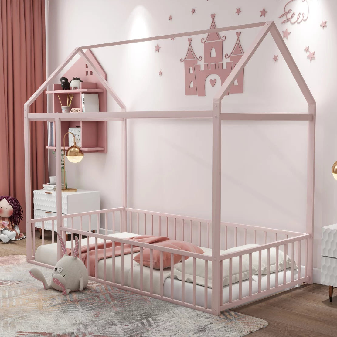 Twin Size House Bed, Metal House Floor Bed with Safety Fence and Roof, Playhouse Design Montessori Floor Bed for Toddlers Kids Girls and Boys, Can be Decorated, Without Slats Support, White