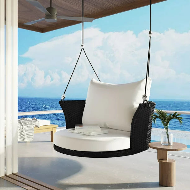 Wicker Rattan Outdoor Patio Swing Chair, Single Person Hanging Swing Bench, 33.8" Rattan Woven Swing Chair, Porch Swing With Ropes, Poolside Gossip Collection, Black Wicker and White Cushion