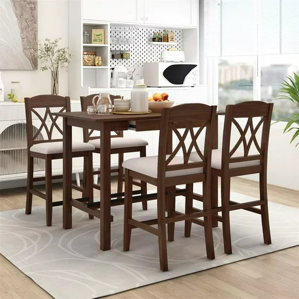 5 Pieces Modern Dining Table Set with 1 Rectangular Table and 4 Chairs  Fabric Cushion for 4 All Rubber wood Kitchen Dining Table for Dining Room  Kitchen Small Space Walnut Color and Grey 