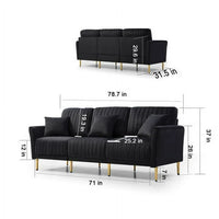Mid-Century Velvet Sofa, Loveseat Accent Sofa with Golden Metal Legs, Channel Tufted Couch, for Living Room Bedroom Apartment Small Space Dorm, Black