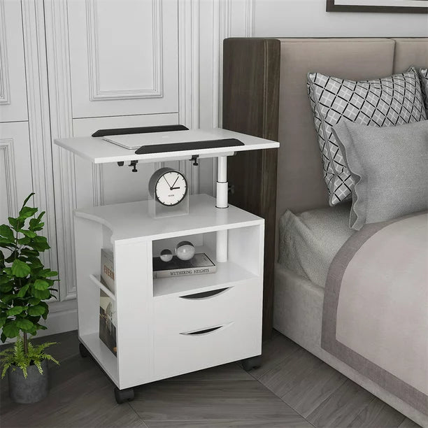 Upgraded Wooden Nightstand with Swivel Top, Height Adjustable Overbed End Table with Storage Drawers, Wheels and Open Shelf, Multifunctional Bedside Table Laptop Cart with Wheels, White