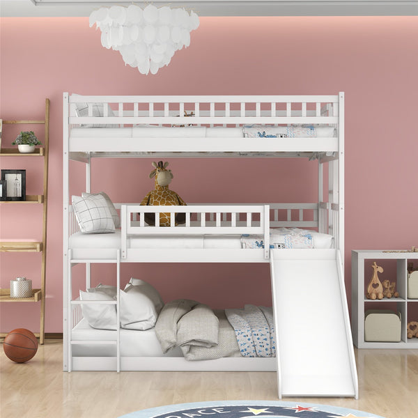 Triple Full Over Full Over Full Bunk Bed with Slide, Built-in Ladder and Safety Guardrail, Convertible Triple Beds for Kids Teens Adults, White, 78.7" L x 57.9" W x 76.5" H