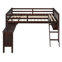 Full Size Loft Bed with Removable Desk and Cabinet,Solid Wood Low Bed Frame with Safety Guardrail & Inclined Ladders & Wood Slats Support,for Kids Teens Boys Girls,No Spring Box Needed, Espresso