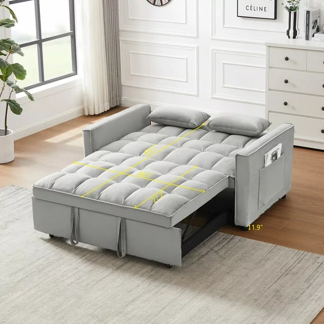 3 in 1 Pull Out Sleeper Sofa Bed,Tufted Velvet Convertible Loveseat Futon Sofa with Adjustable Backrest, Lounge Armchair Sofa with Lumbar Pillows and Side Pockets for Living Room,Gray