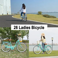 Women 26 Inch Bike with Steel Frame and Leather Saddle, Bicycle Frame with Front and Rear wheel, 7-Speed Drivetrain and Rear Rack, 26 Inch Bike for Road, Seaside and Travel