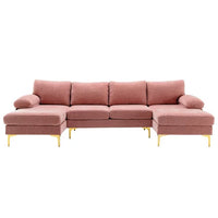 Convertible Sectional Sofa with Double Chaise Lounge, 110.63" U-Shaped Accent Sofa with 2 Arm Pillows and Golden Metal Legs, Modern Fabric Upholstered Sectional Sofa for Apartment Office, Pink