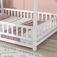 Full Size Floor Wooden Bed with House Roof Frame, Fence Guardrails ,White