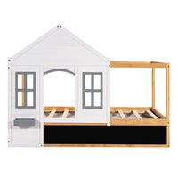 Twin Size House Shaped Canopy Bed, Fun House Bed with Black Roof, White Window, Blackboard, Little Shelf, Multi-functional Bed Frame for Children, White