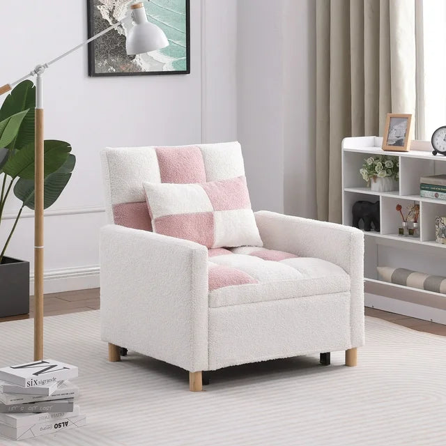 3-In-1 Convertible Sleeper Sofa Chair Bed with Adjustable Backrest, Multi-Functional Sleeper Chair with Soft Teddy Fabric For Living Room, Dorm, Apartment, Bedroom, Office,Pink+White