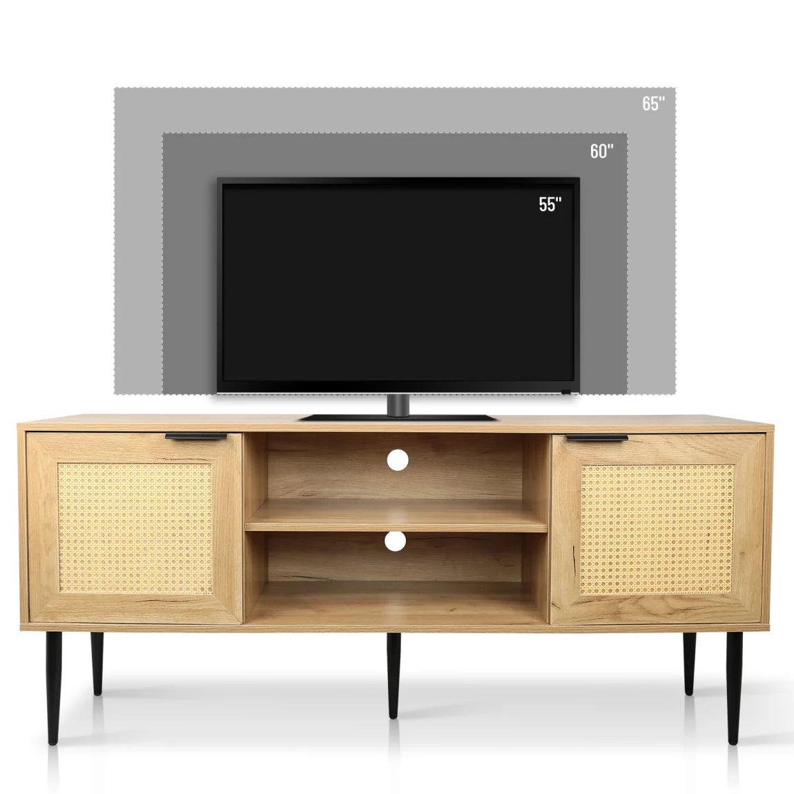 Wooden TV Stand for TVs up to 65 Inches,TV Stabd with 2 Rattan Decorated Doors and 2 Open Shelves,Wooden Entertainment Center Storage Cabinet for Living Room,Natural Color