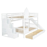 Full Over Full Bunk Bed Castle Style, Wooden Bunk Bed Frame with Stairs, Slide, Storage Drawers and Shelves, Stairway Bunk Beds for Children, Boys, Girls, Adults, White