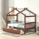Twin Bed Frame with Storage for Kids, Wooden Montessori House Bed with 2 Drawers and Fence Headboard, Low Platform Bed Playhouse Bed with Roof for Boys Girls Bedroom, Walnut
