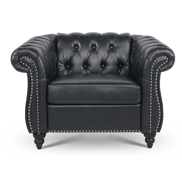 Single Sofa Chair, 1 Seater Sofa Chesterfield Leather Chair Accent Club Armchair Upholstered Single Sofa Chair with Nailheads and Solid Wood Legs, Tufted Lounge Chair for Living Room, Black